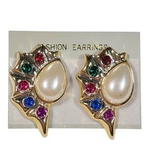 VTG 80s Conch Sea Shell Clip On Earrings Faux Pearl Multicolor Rhinestone Taiwan